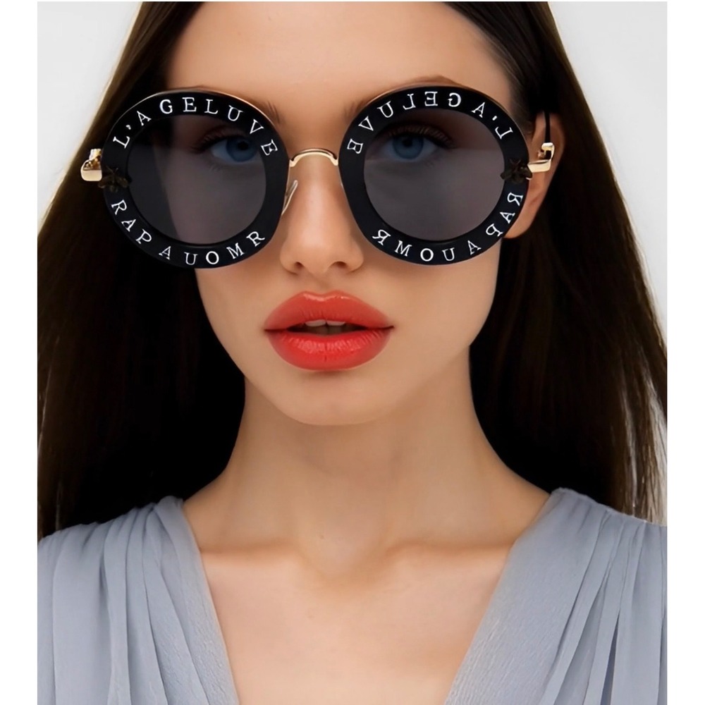 Luxury Round Oversized Sunglasses Black‎ Gold Designer Style Women Shades Trendy